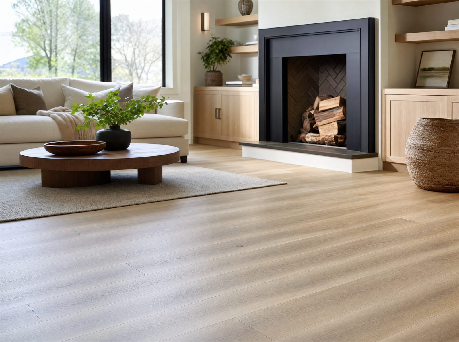 Freshly installed light oak luxury vinyl plank flooring in a bright living room