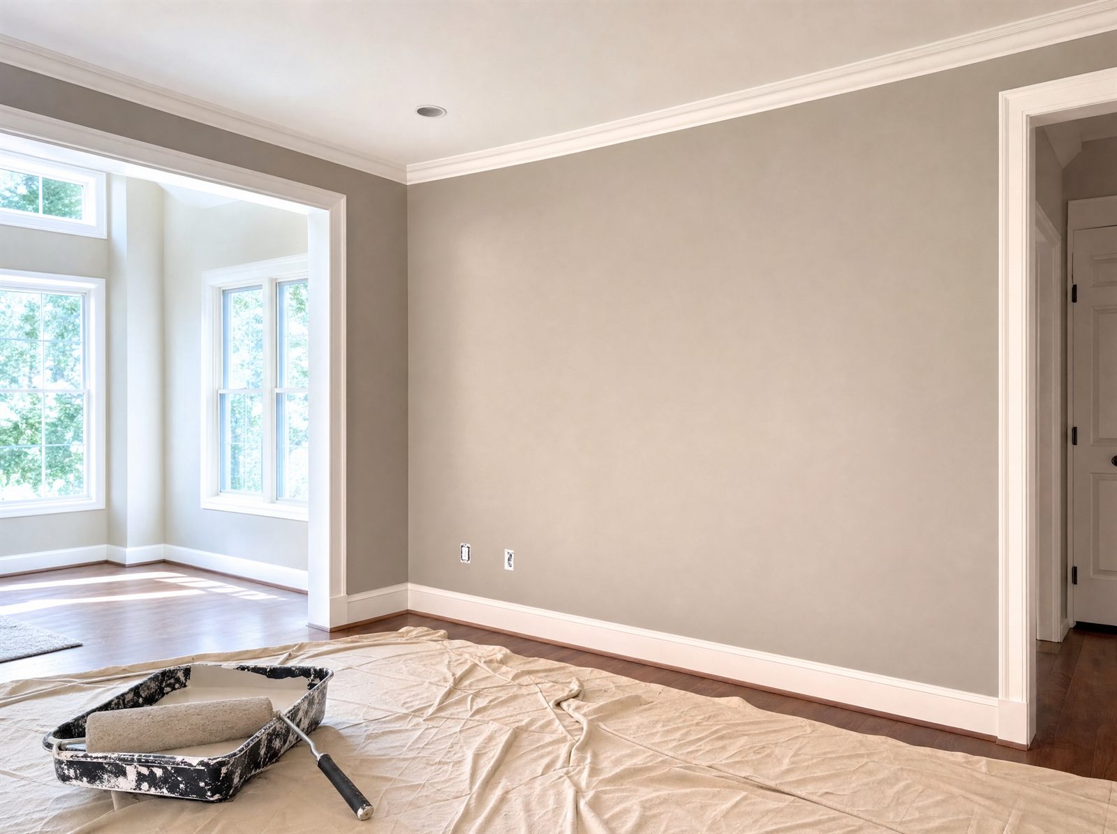 Freshly painted interior room with crisp white trim and a paint roller on a drop cloth